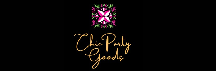 Chic Party Goods logo with floral design on a black background